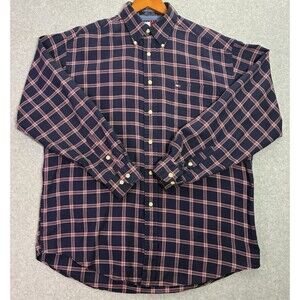 Men’s M Tommy Hilfiger Plaid Button Down Shirt Navy Red 100% Cotton Vintage